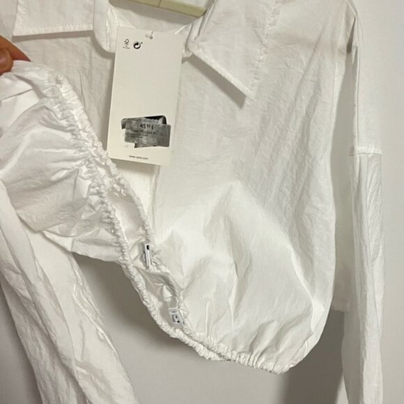 Zara, Ladies Cropped Shirt with drawstring at Hem - White. Size: XS. NWT - Picture 10 of 13